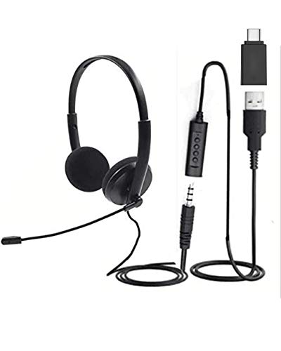 USB, 3.5 and USB-C, Quality Sound Headset with Microphone, Noise Cancelling mic, Mute Button LED, Laptop, PC, MAC, Zoom, Skype, Video Conference Calls, Lightweight Headphones with mic