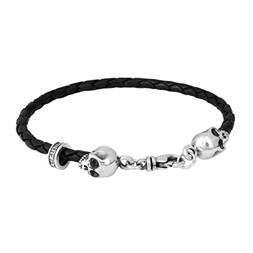 King Baby .925 Sterling Silver Unisex Thin Braided Black Leather Cord Bracelet with Double Skull Finials - 7-1/2"