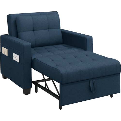 Yaheetech 3 En 1 Sofá Cama Sillón Relax Sofá Individual de 1 Plaza para Dormitorio Sala de Estar Apartamento Sofá con Respaldo Ajustable en 3 ángulo Azul