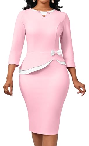 Oxgmoky Women Church Dress Work Business Bodycon 3/4 Sleeve Round Neck Pencil Dresses