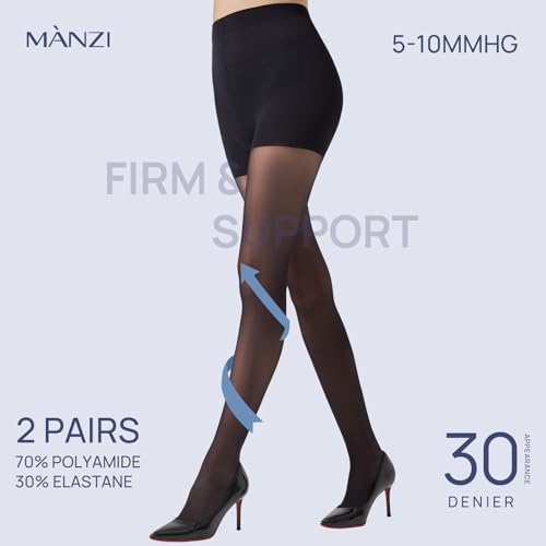 MANZI 2 Pairs Sheer Compression Pantyhose for Women 5-10mmHg Support Compression Stockings 30D Shaping Tights2