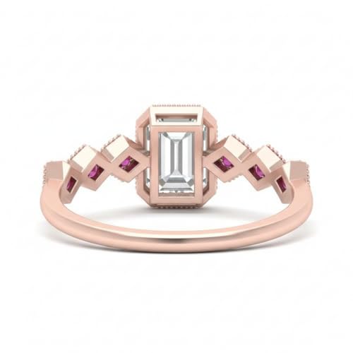 Image of Choose Your Gemstone Bezel Set Emerald Accented Diamond CZ Ring Rose Gold Plated Emerald Shape Side Stone Engagement Rings for Women, Girls and Ladies US Size 4 to 12