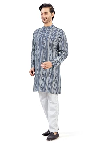 Image of Studio Shringaar Men's Navy Blue Cotton Turkish Printed Knee Length Relax Fit Kurta (Navy Blue, Small)