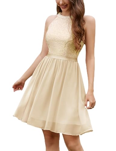 Image of Dressystar Women's Short Sequin Chiffon Halter Homecoming Cocktail Party Dress SQ88 Champagne M