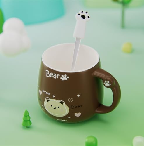 NQQNQQ Bear/Beige 400ML Ceramic Coffee Mug with Lid and Claw Spoon, Cute Bear-Themed Mug for Tea & Coffee for Holidays and Celebrations - image 6