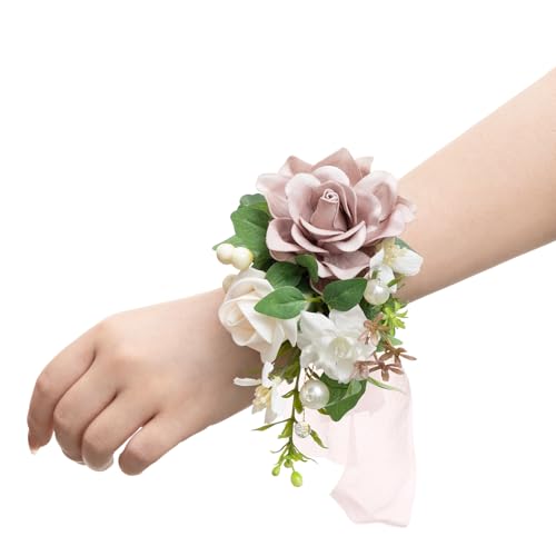 Ling's moment 2pcs Prom Wrist/Shoulder Corsage, Dusty Rose & Cream