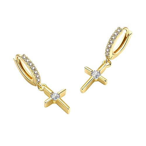Boucles d'oreilles délicates en forme de croix avec zircone cubique - Créoles pendantes petites et fines - Piercing pour oreilles - Bijoux de foi pour femmes...