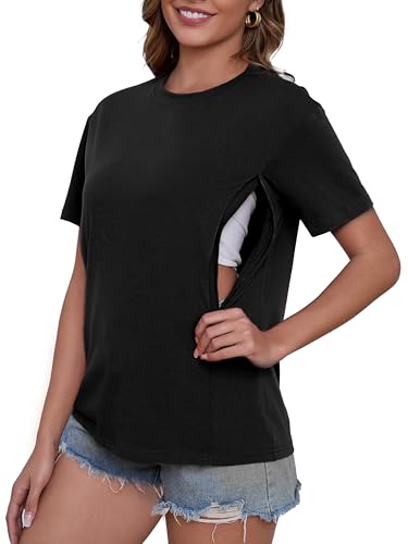 Ecavus Women's Nursing Shirts for Breastfeeding, Hidden Zipper Nursing Tops, Soft Loose Fit Postpartum Tee for Pregnancy Moms Black