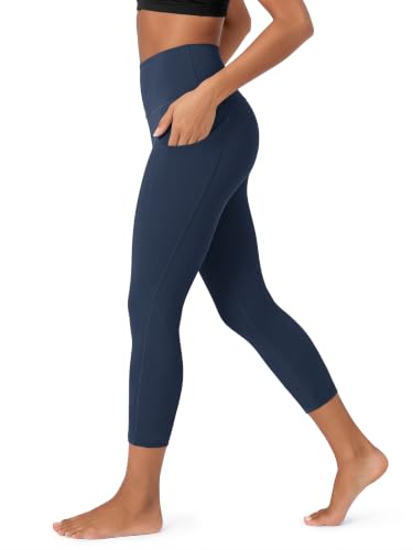 ODODOS Women's High Waisted Cropped Yoga Leggings with Pockets, 23" Inseam Tummy Control Workout Running Yoga Pants, Navy, Medium
