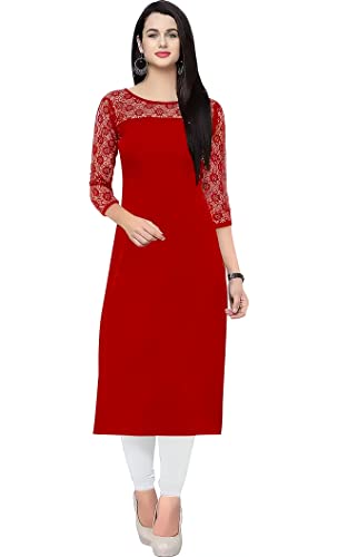 Image of Women's Crepe A-line Straight Kurtis, Plain Office Wear with Round Neck