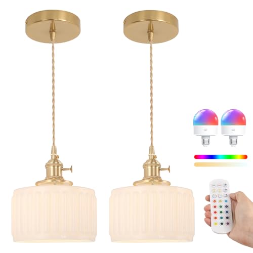 Image of Shenmoyl Battery Operated Pendant Light 5000mAh Rechargeable Chandelier with Remote Control Wireless Adjustable Hanging White Striped Light for Kitchen Island Dining Room Hallway, 2 Pack