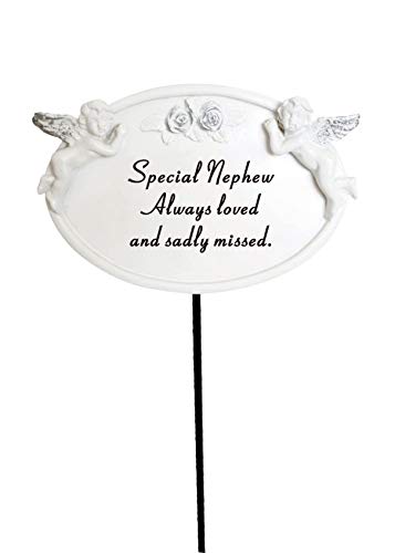 Nephew White & Silver Twin Cherub Memorial Stick, Remembrance Spike, Tribute, Plaque Stake.