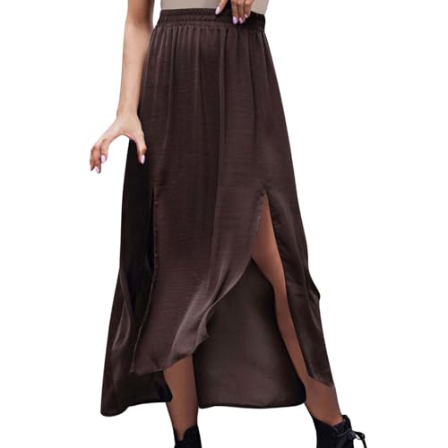 Womens Maxi Skirt Casual Flowy Split Ruffle High Low Beach Skirts Elastic High Waist Pleated A Line Long Skirts