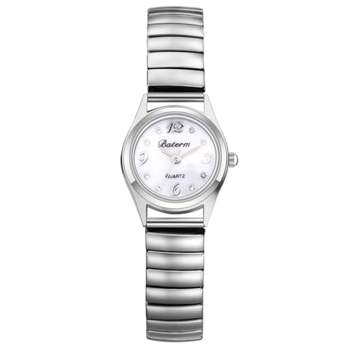 Lancardo Women Stretch Band Watch: White Round Face Silver Tone