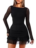 OZICERD Women Boat Neck Bodycon Mini Dresses Long Sleeve Going Out Dress Ruffle Mesh Short Elegant Club Cocktail Party Dress Black S