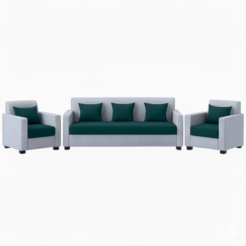 Image of FURNY Lexon 5 Seater Fabric 3+1+1 Sofa Set (Greenish Teal-Light Grey) Premium Velvet Finish | Durable & Comfortable | Ideal for Living Room