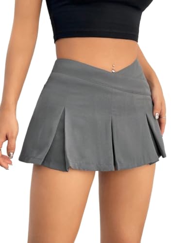 Womens Summer Asymmetrical Solid Color Mid Waist V Shaped Pleated Mini Skirt