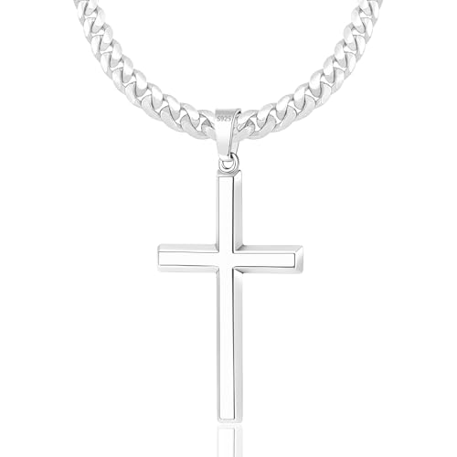 BWDIPCYC S925 Sterling Silver Cross Chain Necklace for Men, Sterling Silver Cross Pendant with 5mm Cuban Chain Necklace for Men Women, Mens Crucifix Necklaces Man Chains 20 Inches