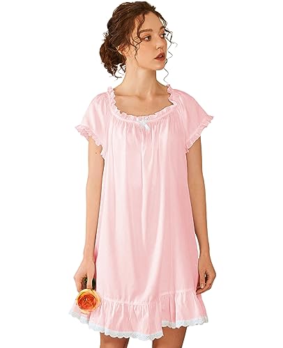 Image of Nanxson Women's Cotton Nightgown Short Sleeve Sleepwear Vintage Nightshirt | Summer Victorian Sleepdress,White Sleepshirt,U Neck Lace Loungewear,Soft Nightshirt,Loose Loungedress,Bride Nightwear