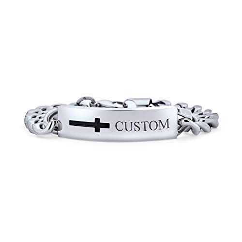 Bling Jewelry CHX-C35-E Engravable Mens Name Plated Religious Side Ways Cross Identification Id Bracelet cover