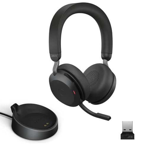 Jabra Fone de ouvido Evolve2 75 sem fio PC com base de carregamento e tecnologia de 8 microfone - Fones de ouvido estéreo de espuma dupla com cancelamento de ruído ativo avançado, adaptador Bluetooth USB-A e compatibilidade MS - Preto