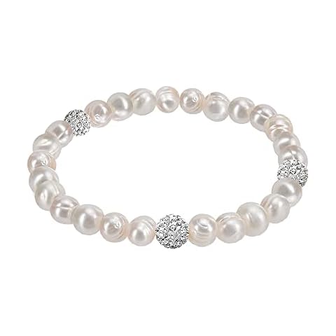 Savlano 8MM Cultured Freshwater Natural White Pearl Crystal Bead Stretch Bracelet 7 inches for Women Comes with Gift Box Cover