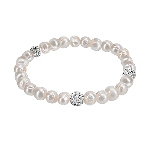 Savlano 8MM Cultured Freshwater Natural White Pearl Crystal Bead Stretch Bracelet 7 inches for Women Comes with Gift Box