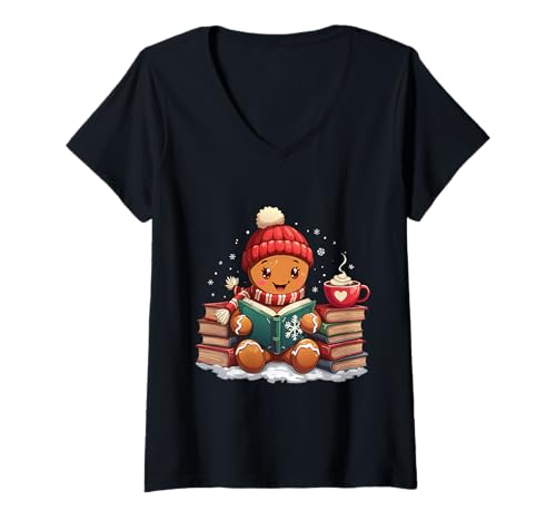 Mujer Acogedor Libro de Lectura de Navidad de Pan de Jengibre Copos de Nieve de Navidad otoño Camiseta Cuello V