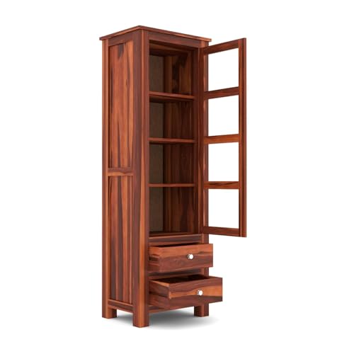 Image of SUNCOM Wood Book Shelf for Home Library - Book Shelf with Glass Door & Shelf Storage - Kitchen /Crockery Cabinet, Showcase Almirah, Book Rack, Home Bedroom Furniture (Natural Finish)