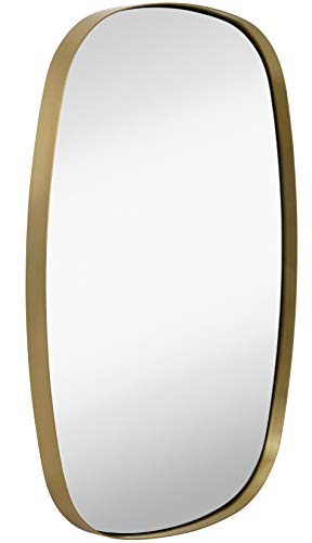 Hamilton Hills Contemporary Brushed Metal Oblong Wall Mirror | Glass Panel Gold Framed Rounded Corner Oval Deep Set Design | Mirrored Rectangle Hangs Horizontal or Vertical (24" x 36")