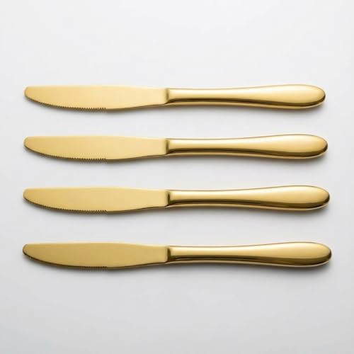 Set 4 Coltelli da Cucina Coltello da Colazione Bistecca Seghettati in Acciaio Coltelli da Tavola Lama 11 cm, Adatto per Carne Pomodoro Affettare Pane Posate Lavabile in Lavastoviglie Dorate Colore Oro
