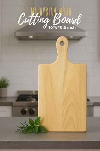Image of Wood Chop Malaysian Wood Cutting Board |Handcrafted | 16 x 8 x 0.5 Inch | Non-Slip Durable Board | Vegetables, Fruits, Meat, Cheese & Meal Prep | Natural Finish