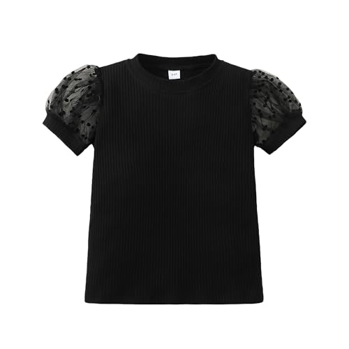 Magic Park 1-6Y Baby Girl Ribbed T-Shirts Toddler Puff Sleeve Blouse Kids Knit Tee Girls Solid Color Casual Tops（Puff Sleeve Black,3-4 Years