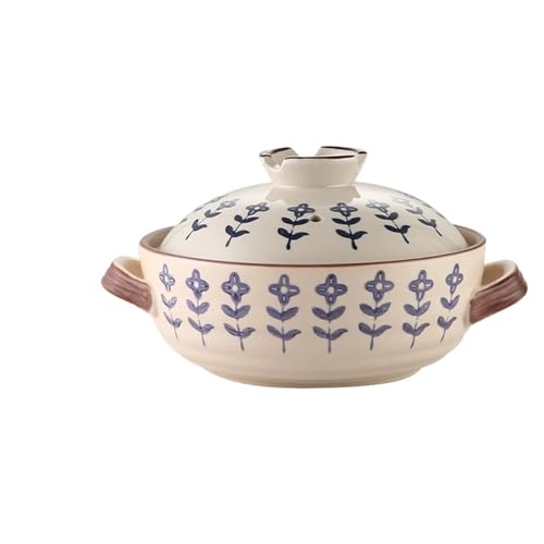 GOXQIT Cacerola Cazuela de cerámica for estofado, Olla for cocinar en el hogar, a Gas, patrón de Flor Retro, ollas for Sopa, Olla de Cocina Resistente a Altas temperaturas, 1,5 L para Cocinas(Blue)