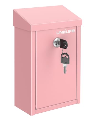 Uniclife Pink Key Drop Box for Outside, Metal Donation Box Collection Box with Key Lock, Safe Suggestion Box, Wall Mounted Mailbox with Top Slot, Steel Cash Drop Box for Home Office and Business