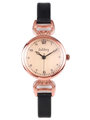 Top Plaza Vintage Watches for Women Leather Strap Cute Arabic Numerals Easy Read Watch Ladies Zircon Dress Watches for Small Wrists-Black