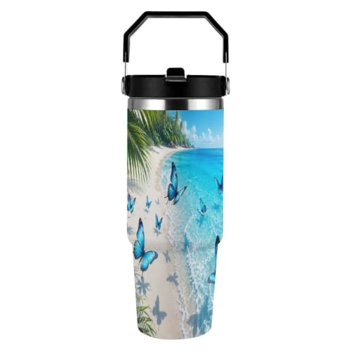 Chdgfs Blue Butterflies Tropical Beach Floral Landscape 30oz Stainless Steel Travel Tumbler with Handle for Car Cup Holder