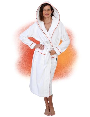 ELEVAVIDA Peignoir de Bain Femme en coton douillet 400 g/m2 avec Capuche - blanc - robe de chambre femme extra doux et confortable - taille S - peignoir de bain sauna en...