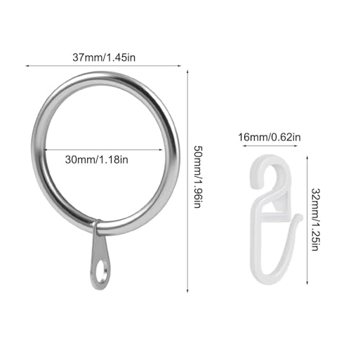 50 Stück Gardinenringe Metall 30mm – gardinenringes mit Haken, Vorhang Haken für Gardinenstangen,Geräuschelose Vorhänge mit Haken Gardinen mit Haken,Gardinenringe zum Öffnen für Heimdekoration(Silber)