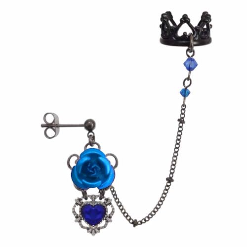 薔薇 バラ ローズ ばら 王冠 クラウン ハート 青 ブルー ピアス イヤーカフ イヤーフック イヤークリップ チェーン 片耳用 ゴシック ゴスロリ パンク アクセサリー 女性用 男性用 レディース メンズ ハロウィン コスプレ