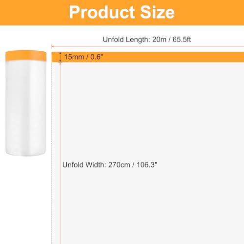 Image of HARFINGTON 6 Rolls Pre-Taped Masking Film 106.3 inch x65.6ft Tape and Drape Painters Plastic Drop Cloth Film with Tape Plastic Sheeting for Automotive Painting Covering