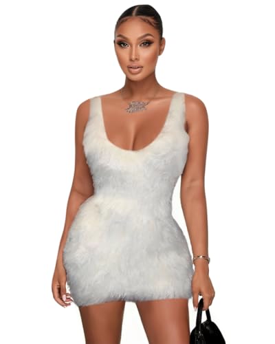 Image of Womens Faux Fur Mini Dress Fluffy Furry Backless Bodycon Short Dress Sleeveless Open Back Party Dresses
