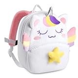 Kasqo Plush Toddler Backpack for Girls, 3D Soft Animal Mini Lightweight Daypack Travel Bag for Baby Daycare White Unicorn