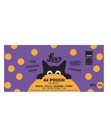 Lev Húmedo Gato Adult Multipack Sabor Ternera, Pollo, Salmón y Atún, alimento completo para gatos adultos de todas las tallas y razas, hipoalergénico | 44 sobres de 85 gramos cada una.