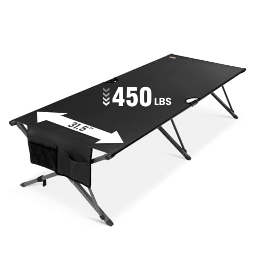 HOMECALL 31.5 Heavy Duty Camping Cot for Adults 450 lbs Capacity Supports Up to 6.9ft Military Folding Portable Cot with Carry Bag for Camping Travel Guest & Emergency Use Black