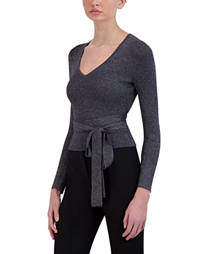 Bcbgmaxazria Women's Fitted Long Sleeve Sweater V Neck Waist Tie Top, Gunmetal, Medium #TOP1