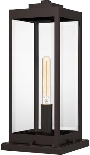 Quoizel Westover Outdoor Pier Mount Base Lantern, 19 Inch 1-Light Western Bronze Modern Post Light, Clear Beveled Glass, Outside Lights for Patio, Porch, Deck, Fences, Garden, Pool or Driveway