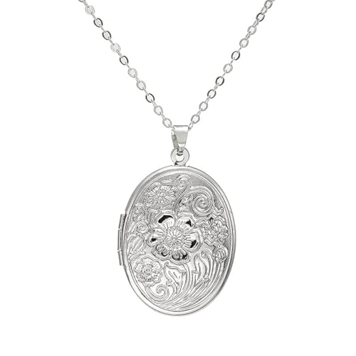 HMOOY Locket Necklace, Engraved Heart Shaped Locket Pendant Necklace That Holds Pictures Personalized Photo Locket Necklace Memory Necklace for Women (Oval-Silver)