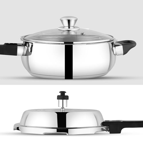 Image of GARUDA NRI Stainless Steel Pressure Cooker with Glass Lid, Handi Shape, Sandwich Bottom, Induction Compatible (9 Litres)