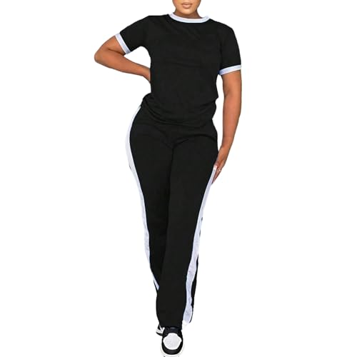 PINSV Women's 2 Piece Outfits Short Sleeve Tops Sweatpants Colorblock Lounge Sets Tracksuits Black XL